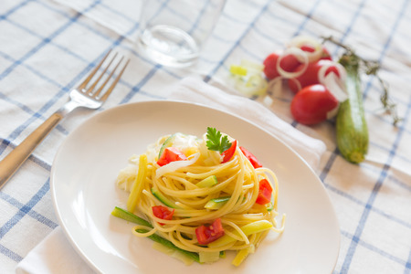 Spaghetti with Zucchini, Leeks and Fresh Tomatoの写真素材