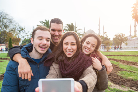 Group of Turkish Friends taking Selfie in Istanbulの写真素材