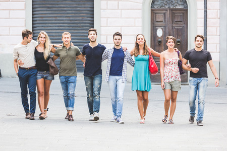 Group of Friends in Town Square, Friendship Themeの写真素材
