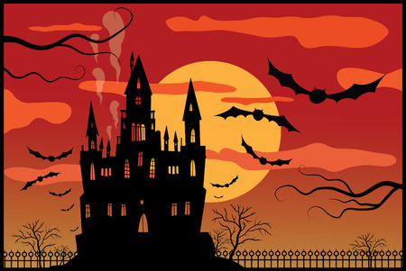 Halloween themed background with a spooky castle, flying bats and a railing on a orange cloudy sky. There is a big moon on background and some smoke is coming out from chimneysのイラスト素材