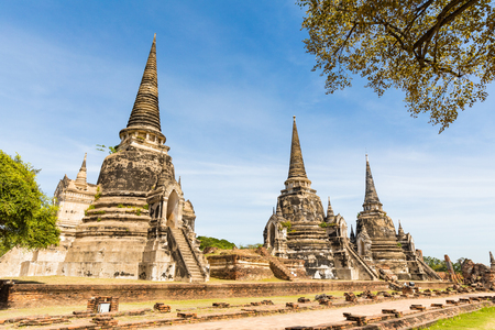 Ayutthaya, Thailand, ruins of old temples in the historical park. Wat Phra Si Sanphet Buddhist temple in the city near Bangkok. History and religion concepts.の写真素材