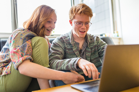 Redhead couple on the sofa looking at a computer. People using a notebook to make online purchase from home. Technology and millennial conceptsの写真素材