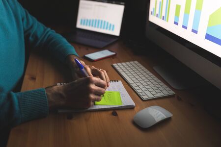 Man writing to do list at home office desk while working at night - close up of hands writing asap...