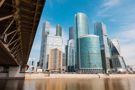 Moscow city skyscrapers in the modern commercial district. Moscow, capital city of Russia, with its tall buildings in the financial downtown. Architecture and travel concepts, panoramic viewのeditorial素材