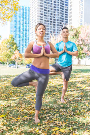 Chinese couple practicing yoga together at park in Toronto - Asian man and woman on a sunny day...