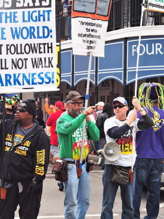 NEW ORLEANS, LA, USA - FEBRUARY 9, 2013: Religious Activists Protesting Against Debauchery on Bourbon Street in the French Quarter of New Orleans, Louisiana During Mardi Grasのeditorial素材