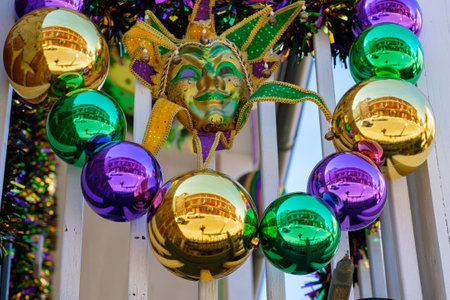 Closeup of Mardi Gras decorations on balcony in New Orleans, LA, USAのeditorial素材