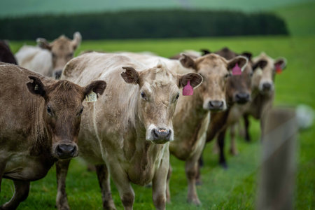 Close up of Stud Beef bulls, cows and calves grazing on grass in a field, in Australia. breeds of cattle include speckle park, murray grey, angus, brangus and wagyu eating grain and wheat.の写真素材