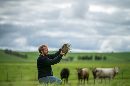 farming looking at soil on a farm in spring.の写真素材