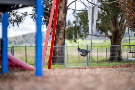 slides and swings in a playground in a park in australia in springの写真素材