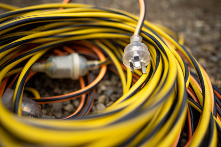 extension cord wrapped up on the ground. extension lead, power lead on a construction siteの写真素材