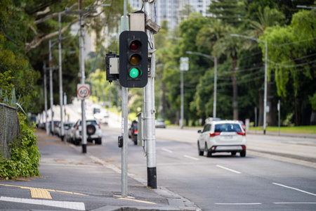 traffic lights on a street in melbourne australiaの写真素材