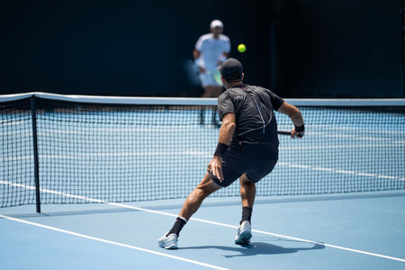 Amateur playing tennis at a tournament and match on grass in Melbourne, Australia in summerのeditorial素材