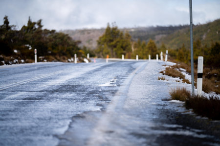 ice on the road on a mountain in winter in australiaの写真素材