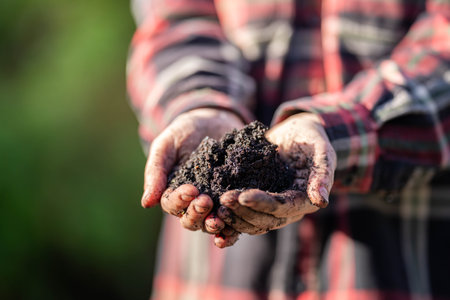 Female farmer hold soil in hands monitoring soil health on a farm in australiaの写真素材