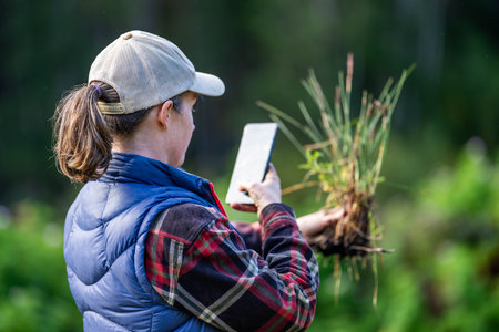 regenerative organic female farmer, taking soil samples and looking at plant growth in a farm. practicing sustainable agriculture. Taking a photo with her phone in australiaの写真素材