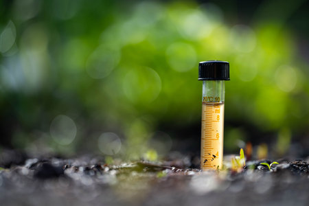 soil testing with a test tube in the soil close up the plants in the background in australiaの写真素材