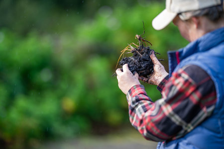 female farmer holding soil looking at soil carbon in the america
