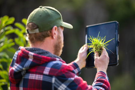 scientist agronomist farmer looking at soil samples and grass in a field in spring. looking at growth of plants and soil health, using a phone and technology to say connected in australiaの写真素材