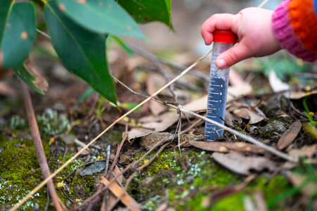 child doing science, toddler with test tubes outside in natural in the bush
