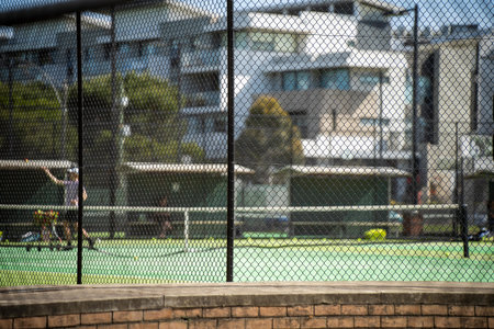 synthetic tennis court at a tennis court in summer in australia outdoorsの写真素材
