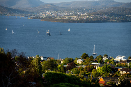 yacht race on the river derwent in hobart. yachts racing on the ocean. boat race in australiaの写真素材