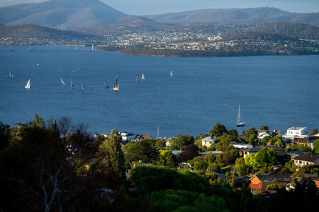 yacht race on the river derwent in hobart. yachts racing on the ocean. boat race in australiaの写真素材