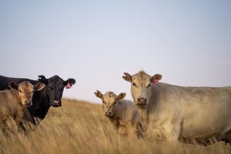 cow in a field at sunset on a summer in a dry drought in summer in australiaの写真素材