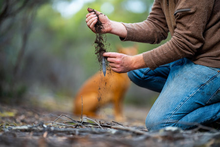 farmer hold soil in hands monitoring soil health on a farm.