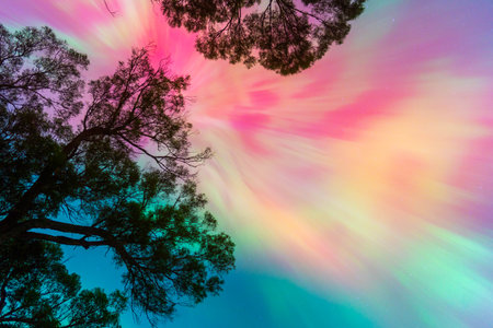 colorful sunset in the forest with silhouette of trees and rays of lightの写真素材