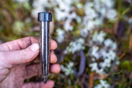 A tool in the hands of a man on a background of mossの写真素材