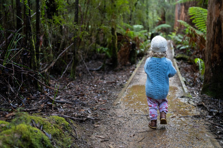 toddler hiking in the forest in winter wearing a beanie, walking on a trail in the australian bush. child exploring in nature and studying the environment and learningの写真素材