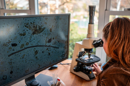 scientist researcher studying soil and forest health effects from climate change. university student...