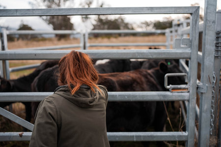female farmer on a farm. women in agriculture working hard in stock yards herding cattle to weigh...