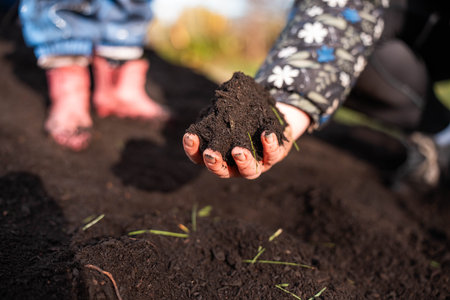 regenerative organic farmer, taking soil samples and looking at plant growth in a farm. practicing...