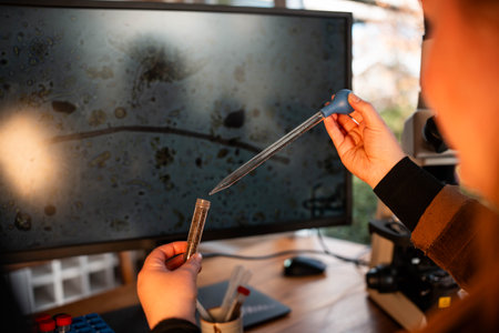 Home lab testing soil samples for soil life biology microorganisms in compost with a microscope, looking at nematodes in Tasmania Australia, organic regenerative agriculture compostの写真素材