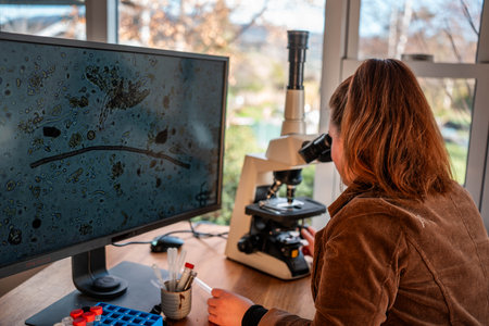 Home lab testing soil samples for soil life biology microorganisms in compost with a microscope, looking at nematodes in Tasmania Australia, organic regenerative agriculture compostの写真素材