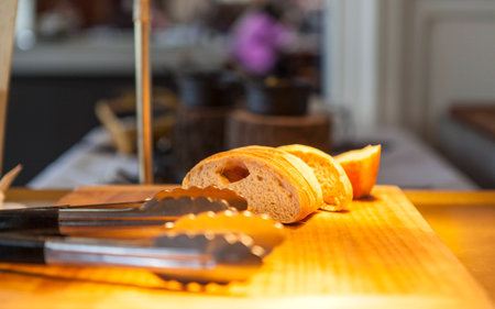 a shot of freshly bakced bread in restaurantの写真素材