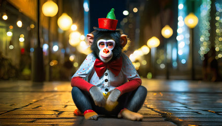 Chimpanzee monkey rests in the city after work at the circusの素材