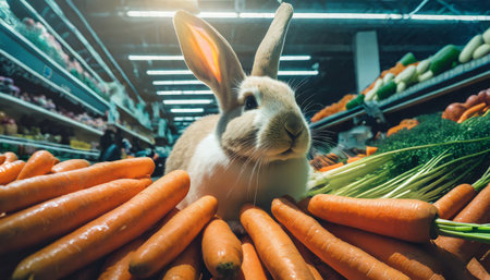 Rabbit eating healthy and fresh carrot vegetables in a supermarketの素材