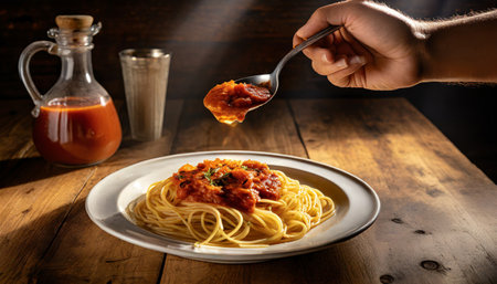 spaghetti with sauces rich in carbohydrates food to enjoy in the kitchen at festivities with friendsの素材