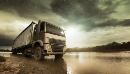 all-terrain rustic truck in competition transporting merchandise on a dirt road with mud in an entertaining adventureの素材