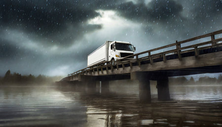 all-terrain rustic truck in competition transporting merchandise on a muddy dirt road in an entertaining adventure on a bridgeの素材