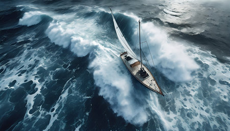 ship or sailboat sailing over the turbulent and dangerous seaの素材