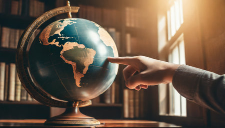 indicating with your finger some place on earth on a globeの素材