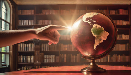 indicating with your finger some place on earth on a globeの素材