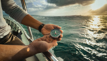 looking for the direction with the compass on the high seasの素材