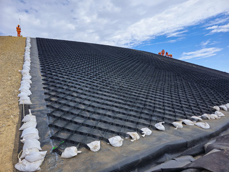 Process of installing geosynthetics and clay cover in mine fills.の写真素材
