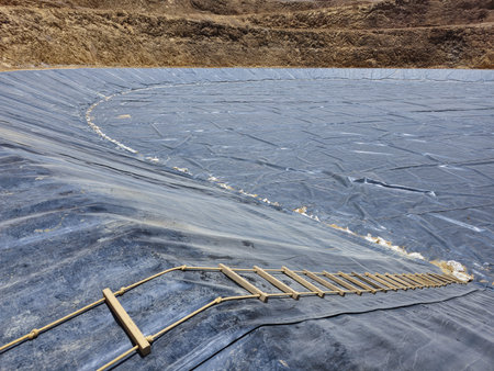 Process of constructing water pools with geosynthetic materials at the bottom of an open-pit mine.の写真素材