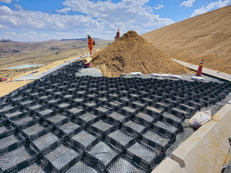 Clay cover construction process in sanitary landfills using heavy machinery.の写真素材